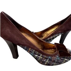 Coach Naomi Boucle suede pump‎ brown velvet bow size 8.5B 3" heel classic preppy